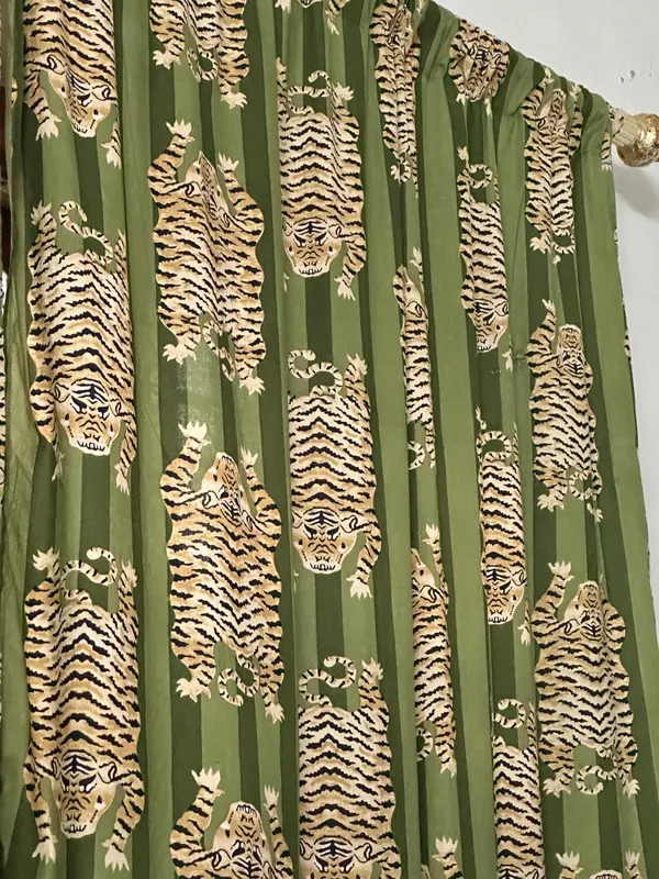 Tibetan_Tiger_Print_Cotton_Curtains_|_Bespoke_Green_Striped_Drapery_Set_Of_2_Panels