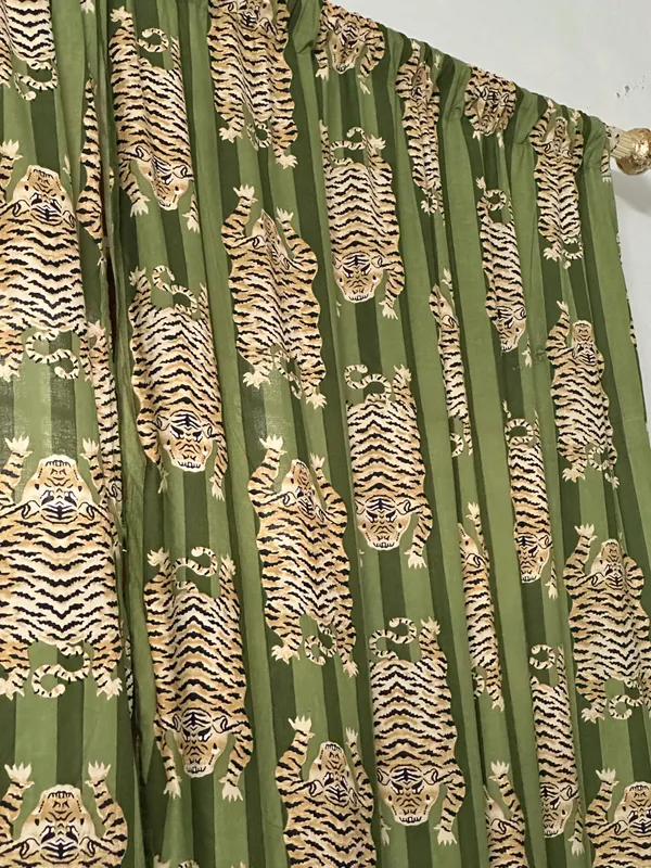 Tibetan_Tiger_Print_Cotton_Curtains_|_Bespoke_Green_Striped_Drapery_Set_Of_2_Panels