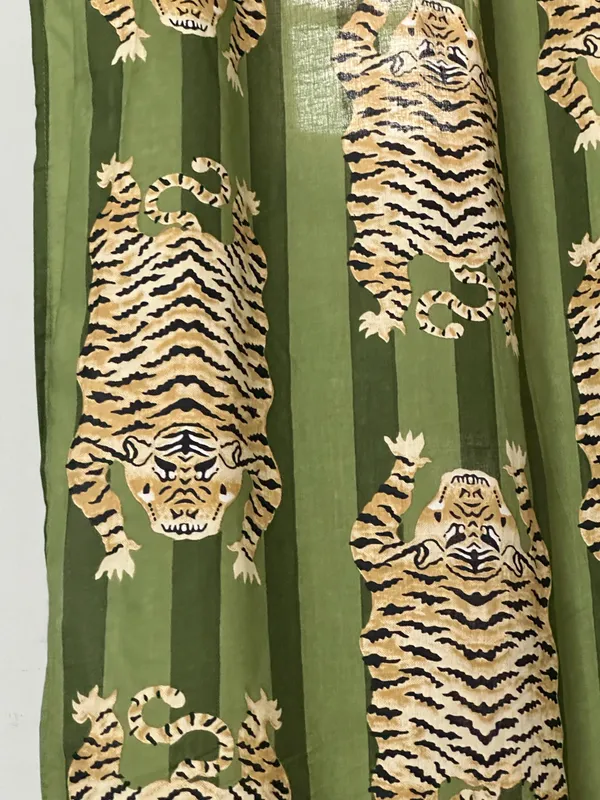 Tibetan_Tiger_Print_Cotton_Curtains_|_Bespoke_Green_Striped_Drapery_Set_Of_2_Panels