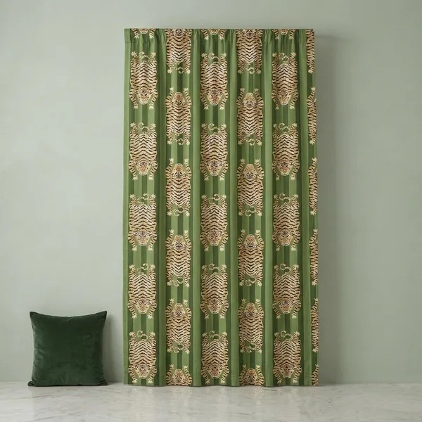 Tibetan_Tiger_Print_Cotton_Curtains_|_Bespoke_Green_Striped_Drapery_Set_Of_2_Panels