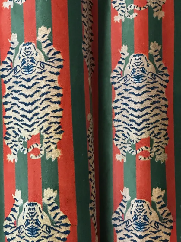Tiger_Art_Print_Velvet_Curtains:_Orange_And_Green_Stripes_Boho_Drapes_-_Custom_Size