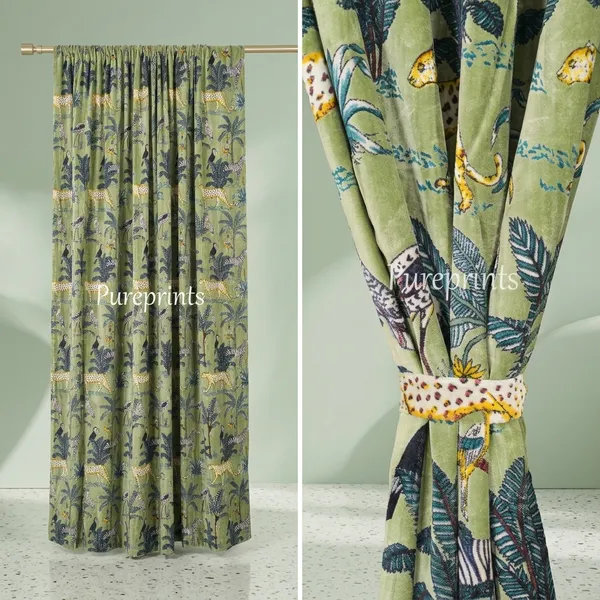 Vintage_Cotton_Velvet_Curtain:_Sage_Green_Jungle_Print_Boho_Drapes