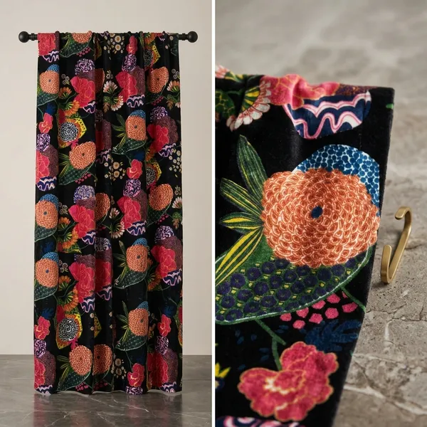 Vintage_Style_Cotton_Velvet_Curtain:_Black_Fruit_Print_Boho_Drapes
