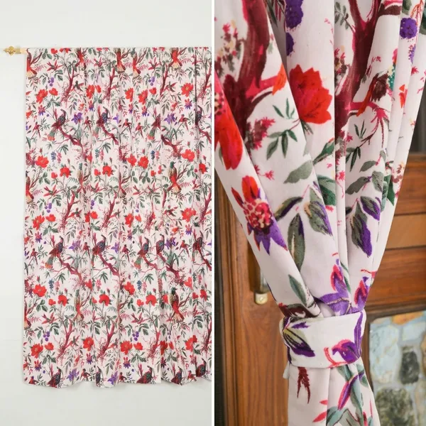 Vintage_Style_Bird_Print_Cotton_Velvet_Curtain:_Boho_Window_Panel