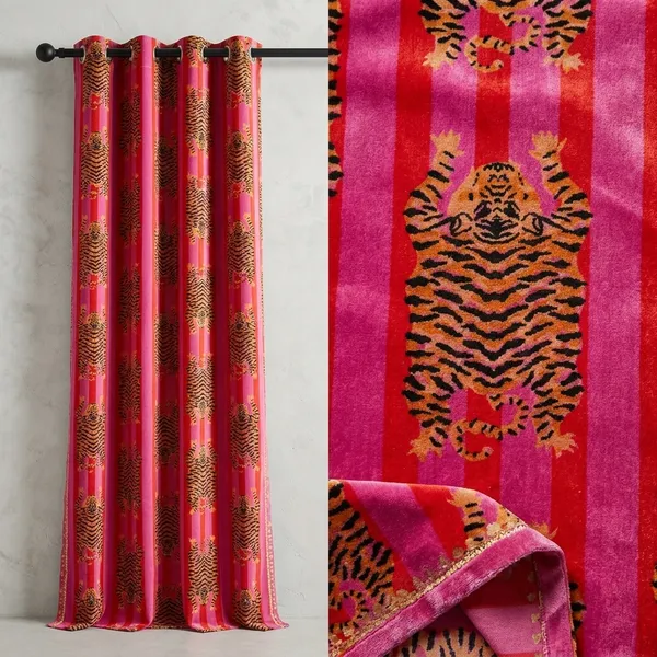 Tiger_Art_Print_Velvet_Curtains:_Pink_&_Coral_Boho_Drapes_-_Custom_Size
