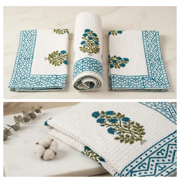 Hand_Block_Print_Organic_Cotton_Waffle_Towel_Set:_Bath_&_Hand_Towels