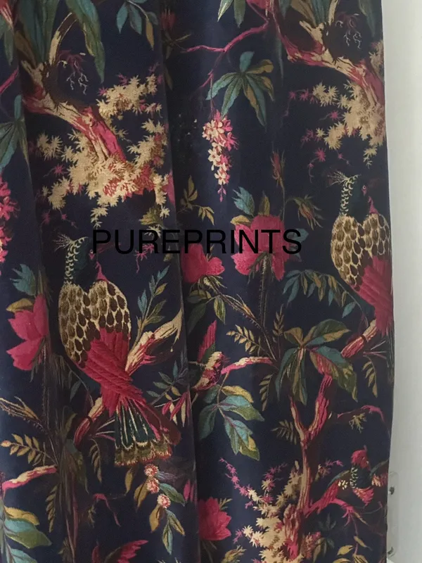 Royal_Navy_Blue_Velvet_Curtain:_Bird_Print_Boho_Drapes