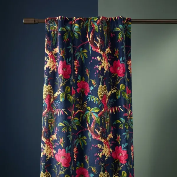 Royal_Navy_Blue_Velvet_Curtain:_Bird_Print_Boho_Drapes
