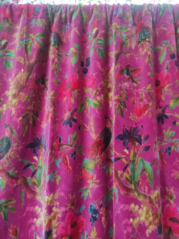 Vintage_Style_Pink_Velvet_Curtain:_Bird_Print_Boho_Drapes