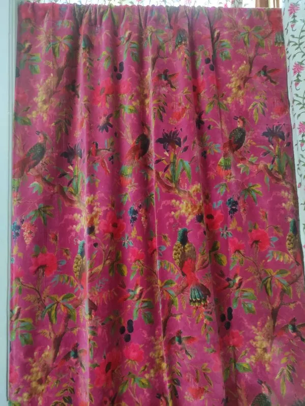 Vintage_Style_Pink_Velvet_Curtain:_Bird_Print_Boho_Drapes