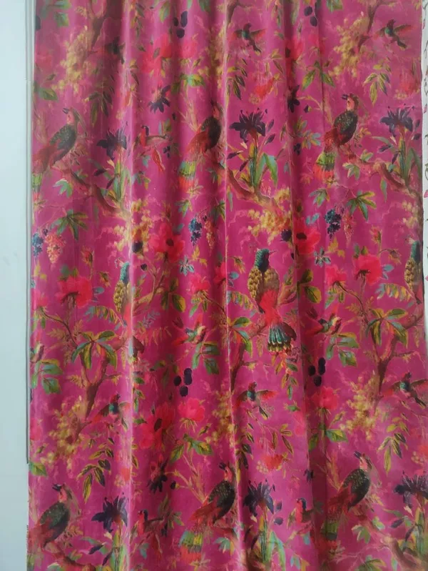 Vintage_Style_Pink_Velvet_Curtain:_Bird_Print_Boho_Drapes
