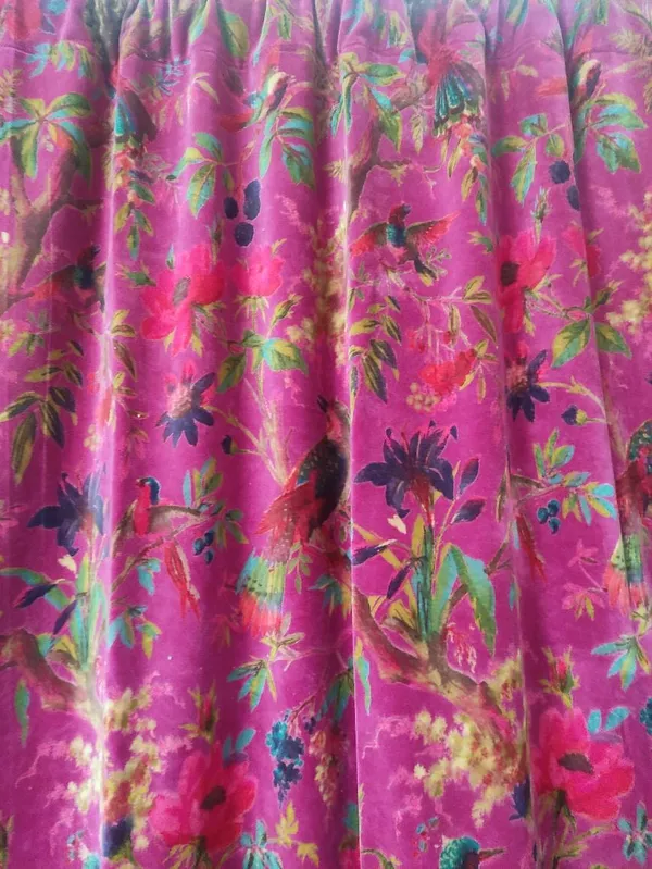 Vintage_Style_Pink_Velvet_Curtain:_Bird_Print_Boho_Drapes