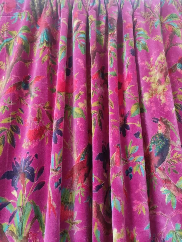 Vintage_Style_Pink_Velvet_Curtain:_Bird_Print_Boho_Drapes