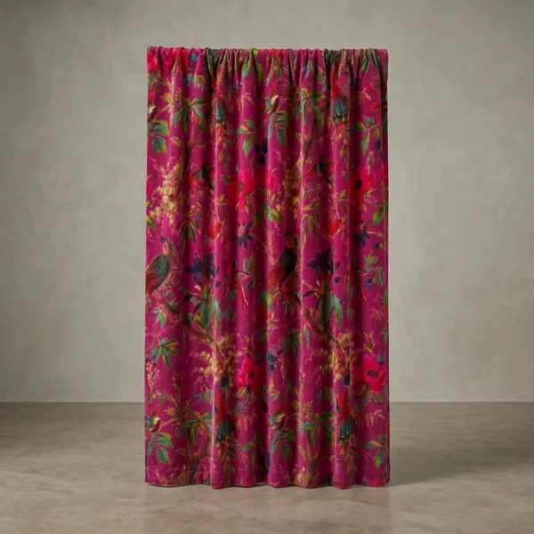Vintage_Style_Pink_Velvet_Curtain:_Bird_Print_Boho_Drapes