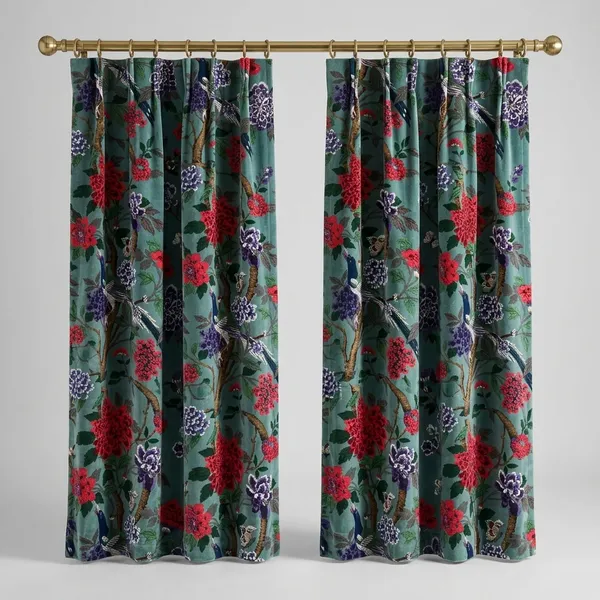 Vintage_Style_Velvet_Curtain:_Sage_Green_Bird_Print,_Boho_Drapes