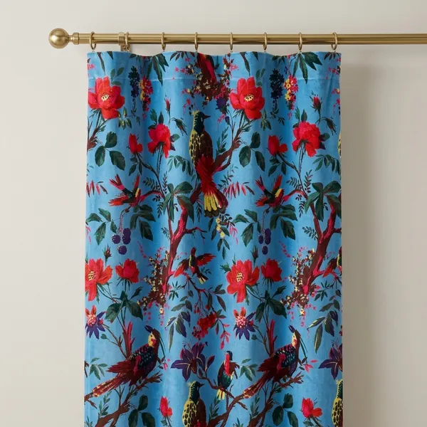 Vintage_Style_Cotton_Velvet_Curtain_Set:_Bird_Print_Boho_Drapes