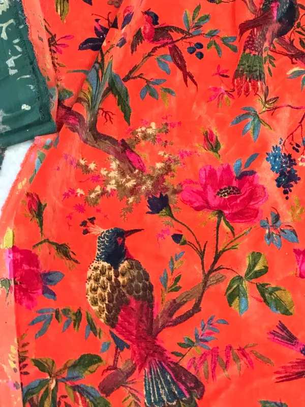 Hand_Printed_Cotton_Velvet_Fabric:_Coral_Bird_Print,_Upholstery_&_Decor