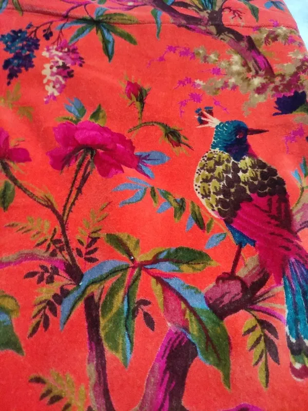Hand_Printed_Cotton_Velvet_Fabric:_Coral_Bird_Print,_Upholstery_&_Decor
