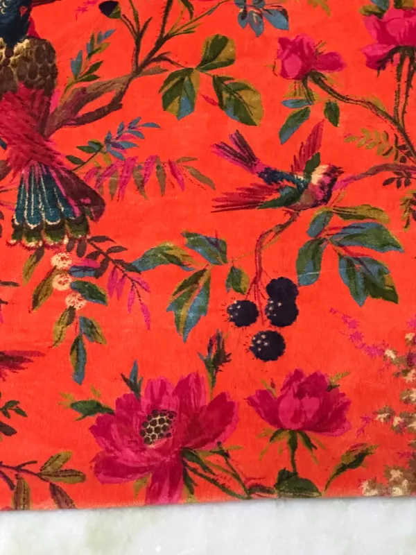 Hand_Printed_Cotton_Velvet_Fabric:_Coral_Bird_Print,_Upholstery_&_Decor