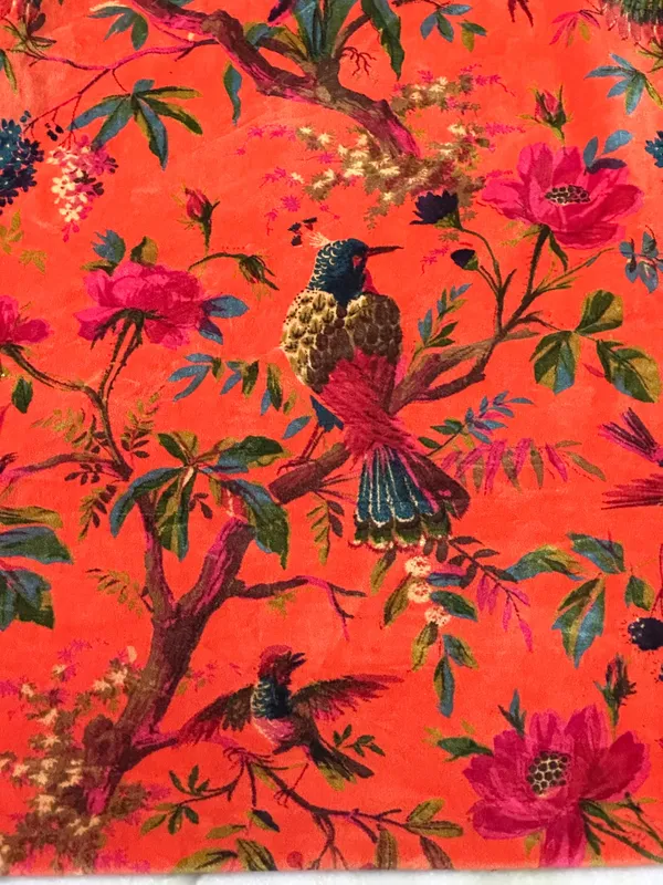 Hand_Printed_Cotton_Velvet_Fabric:_Coral_Bird_Print,_Upholstery_&_Decor