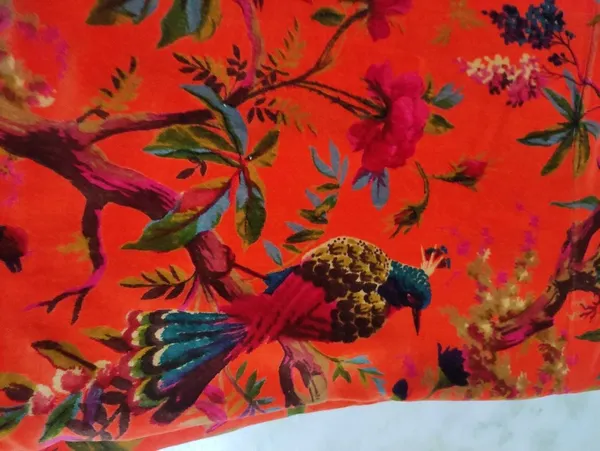 Hand_Printed_Cotton_Velvet_Fabric:_Coral_Bird_Print,_Upholstery_&_Decor