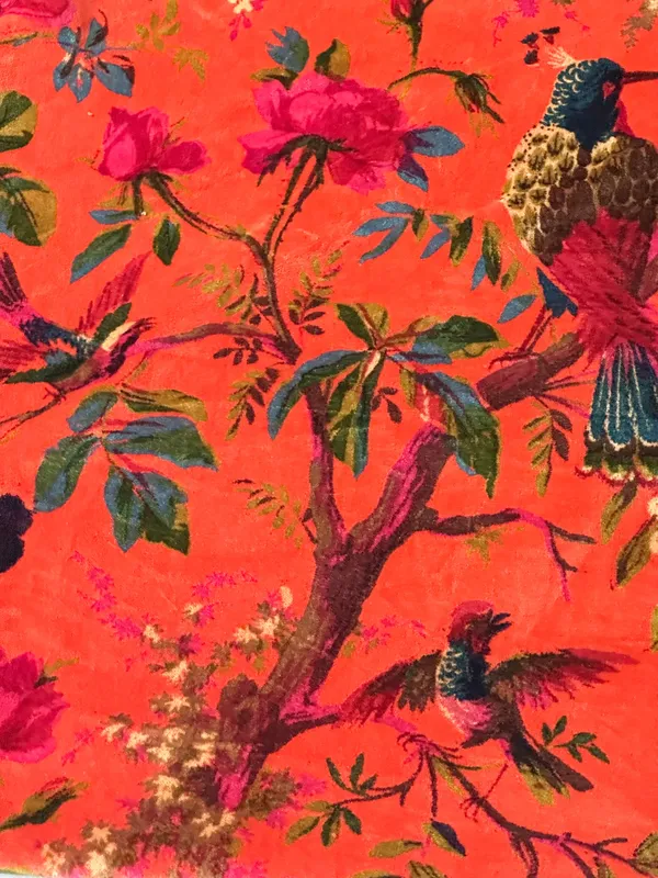 Hand_Printed_Cotton_Velvet_Fabric:_Coral_Bird_Print,_Upholstery_&_Decor