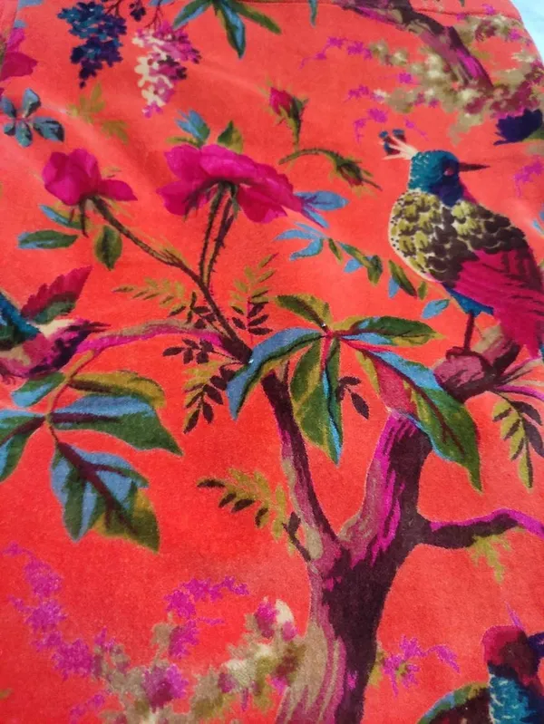 Hand_Printed_Cotton_Velvet_Fabric:_Coral_Bird_Print,_Upholstery_&_Decor