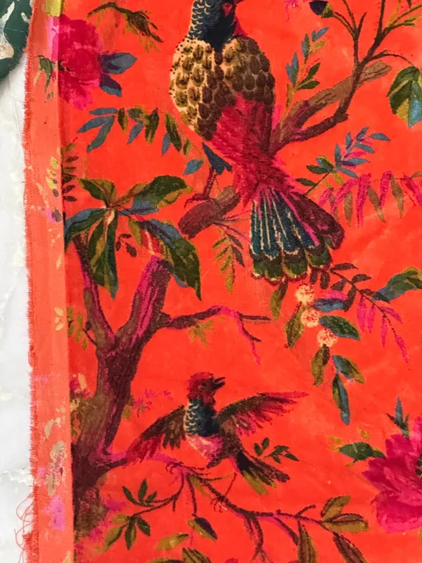 Hand_Printed_Cotton_Velvet_Fabric:_Coral_Bird_Print,_Upholstery_&_Decor