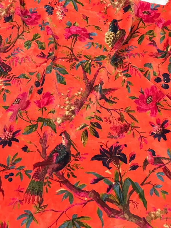 Hand_Printed_Cotton_Velvet_Fabric:_Coral_Bird_Print,_Upholstery_&_Decor