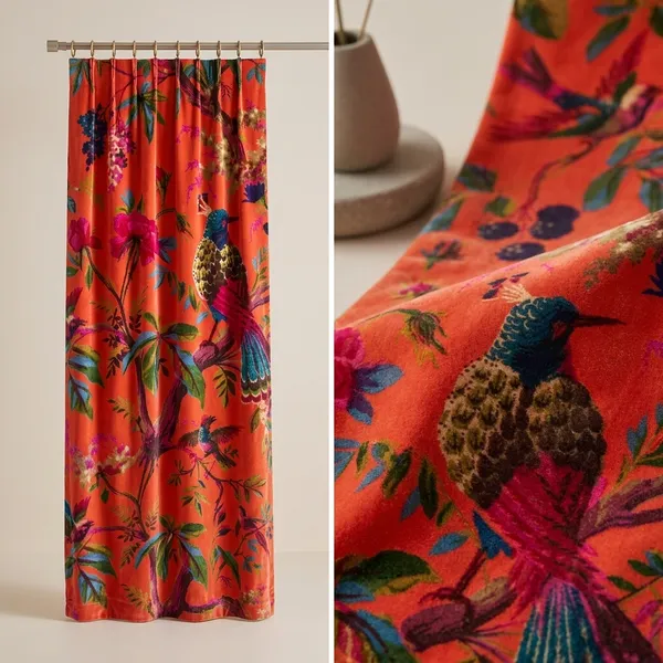 Hand_Printed_Cotton_Velvet_Fabric:_Coral_Bird_Print,_Upholstery_&_Decor