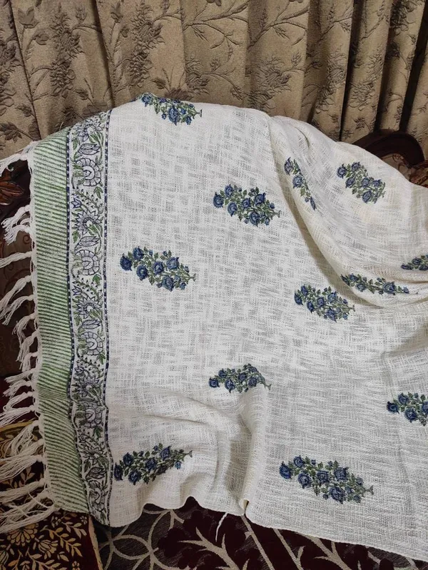 Hand_Woven_Mud_Cloth_Throw_Blanket:_Olive_Green_Block_Print_With_Tassels