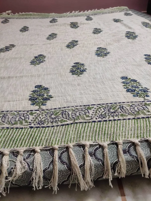 Hand_Woven_Mud_Cloth_Throw_Blanket:_Olive_Green_Block_Print_With_Tassels