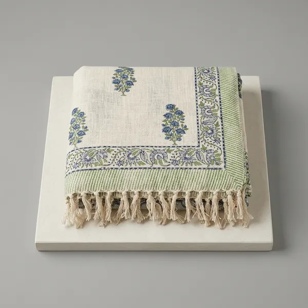 Hand_Woven_Mud_Cloth_Throw_Blanket:_Olive_Green_Block_Print_With_Tassels