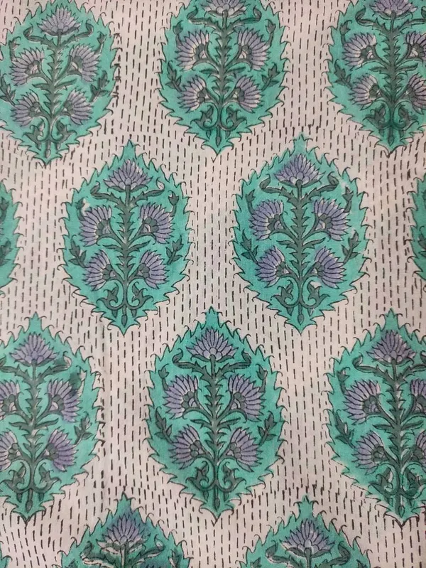 Hand_Block_Printed_Cotton_Fabric:_Green_Floral_Mughal_Print,_44"_Wide