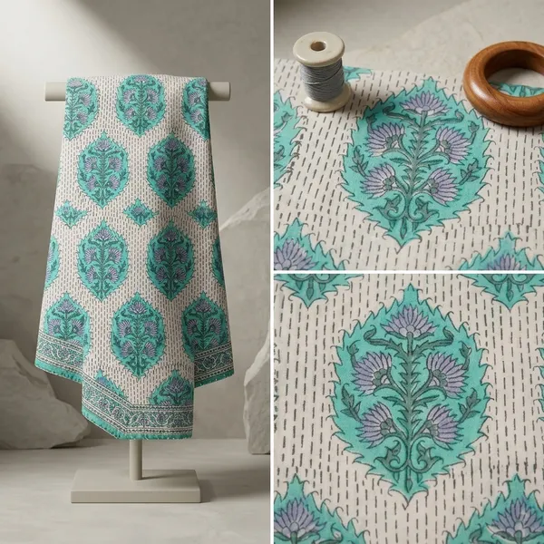 Hand_Block_Printed_Cotton_Fabric:_Green_Floral_Mughal_Print,_44"_Wide