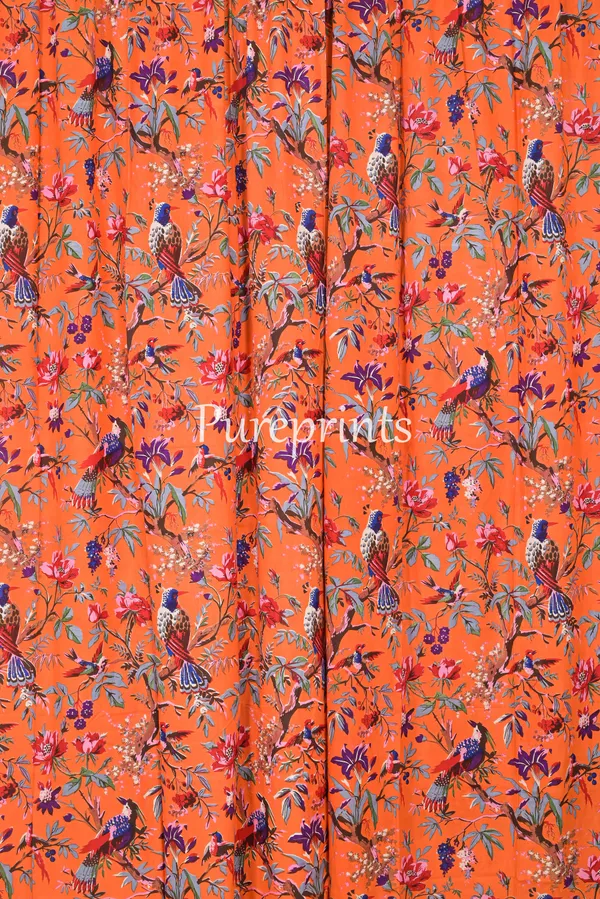 Coral_Orange_Bird_Paradise_Cotton_Curtain_Panels:_Boho_Chic_Drapes