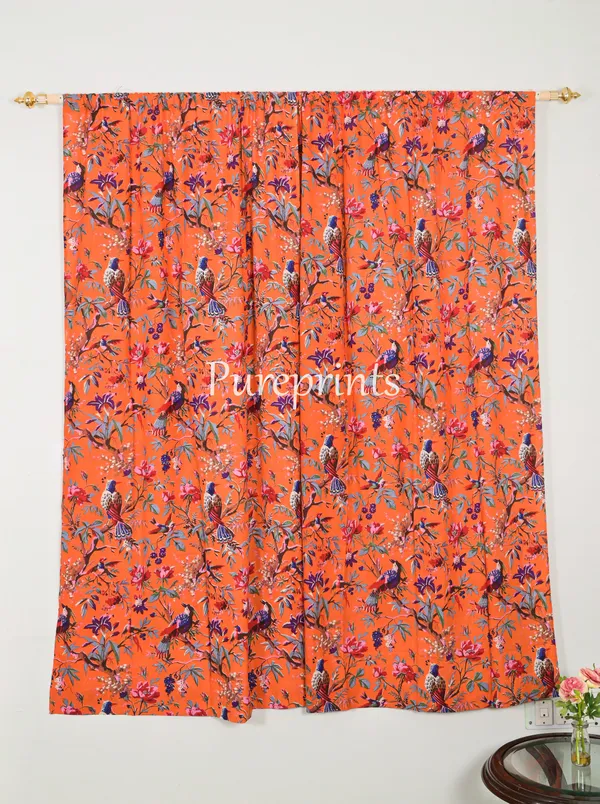 Coral_Orange_Bird_Paradise_Cotton_Curtain_Panels:_Boho_Chic_Drapes