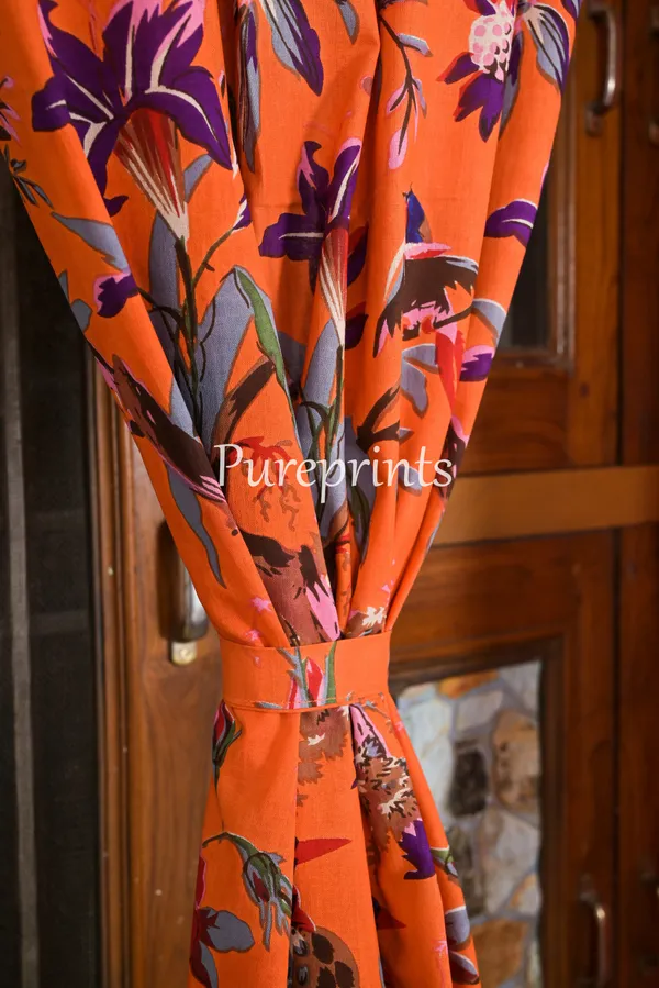 Coral_Orange_Bird_Paradise_Cotton_Curtain_Panels:_Boho_Chic_Drapes