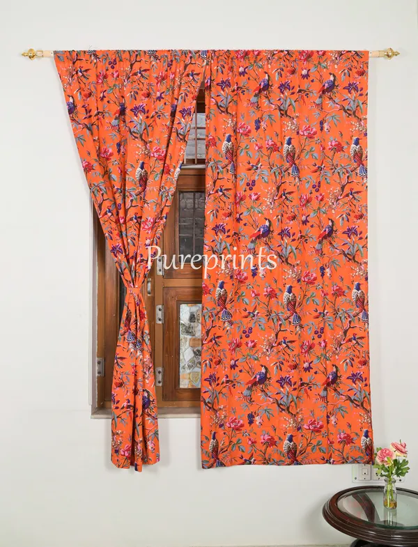 Coral_Orange_Bird_Paradise_Cotton_Curtain_Panels:_Boho_Chic_Drapes