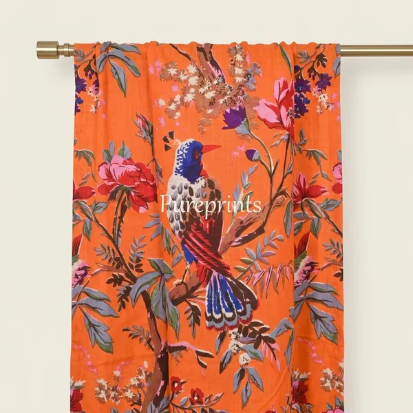 Coral_Orange_Bird_Paradise_Cotton_Curtain_Panels:_Boho_Chic_Drapes