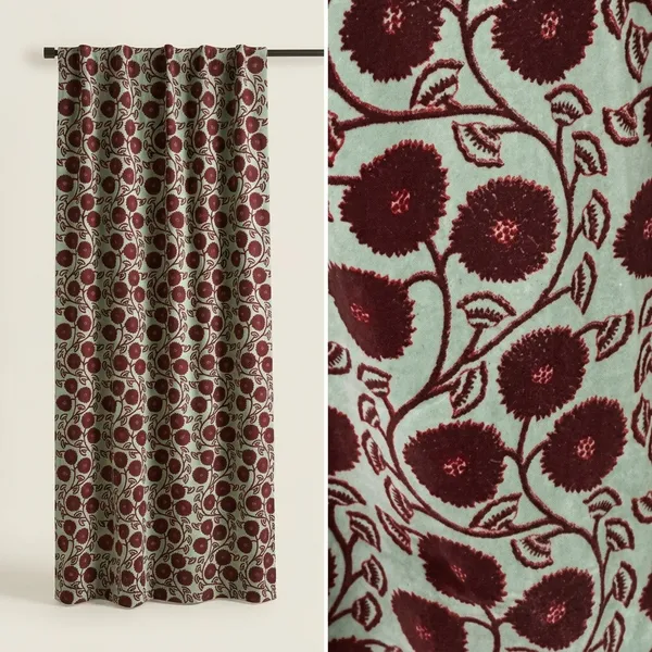 Floral_Cotton_Velvet_Curtain:_Sage_Green,_Wine_Flower_Print_Boho_Drapes