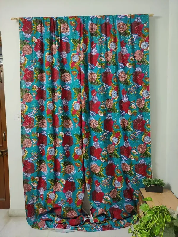 Teal_Blue_Floral_Print_Cotton_Curtain_Set:_Boho_Window_Drapes