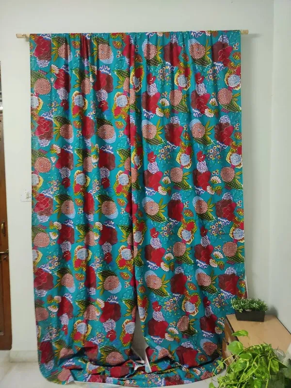 Teal_Blue_Floral_Print_Cotton_Curtain_Set:_Boho_Window_Drapes