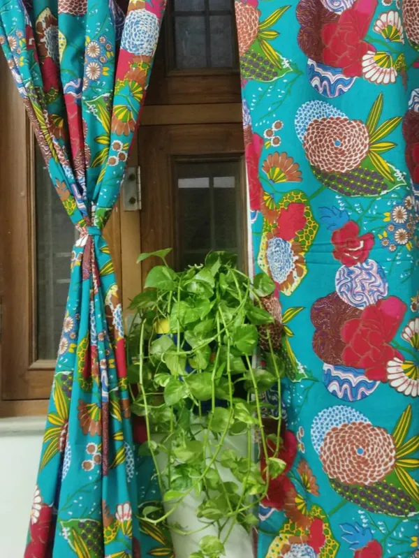 Teal_Blue_Floral_Print_Cotton_Curtain_Set:_Boho_Window_Drapes