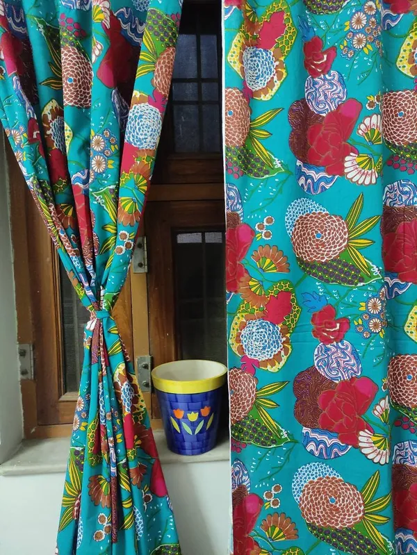 Teal_Blue_Floral_Print_Cotton_Curtain_Set:_Boho_Window_Drapes