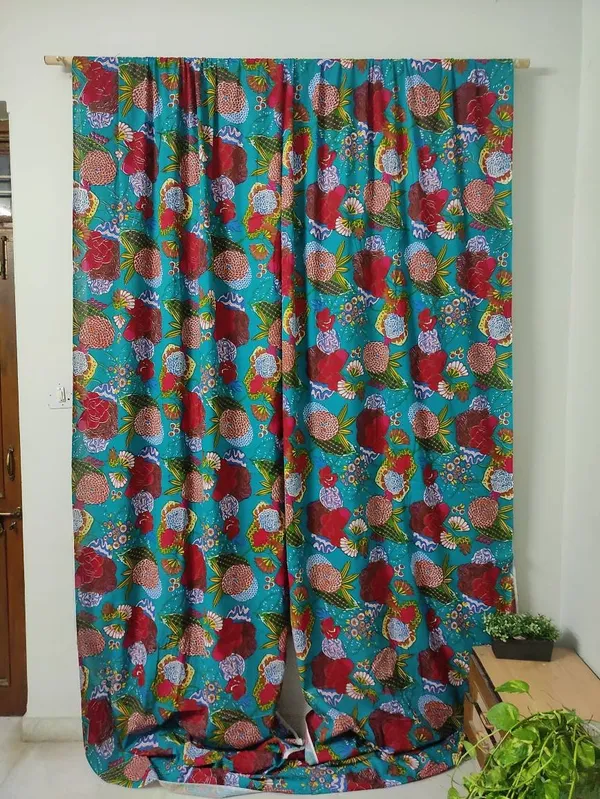 Teal_Blue_Floral_Print_Cotton_Curtain_Set:_Boho_Window_Drapes