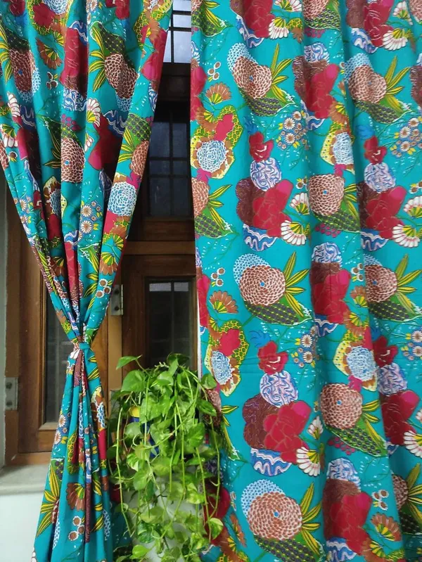 Teal_Blue_Floral_Print_Cotton_Curtain_Set:_Boho_Window_Drapes