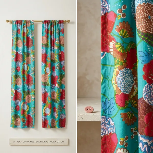 Teal_Blue_Floral_Print_Cotton_Curtain_Set:_Boho_Window_Drapes