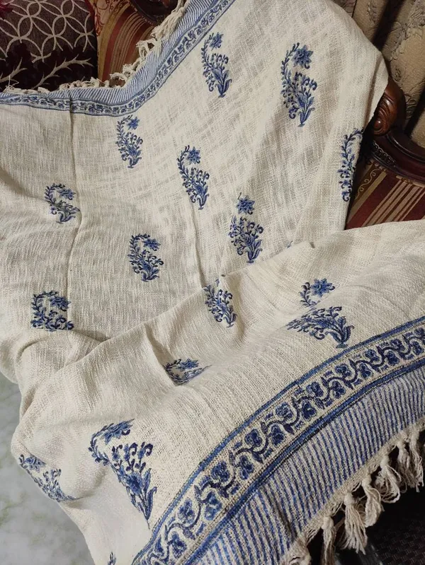 Hand_Woven_Mud_Cloth_Throw_Blanket:_Indigo_Floral_Print,_Boho_Tassels