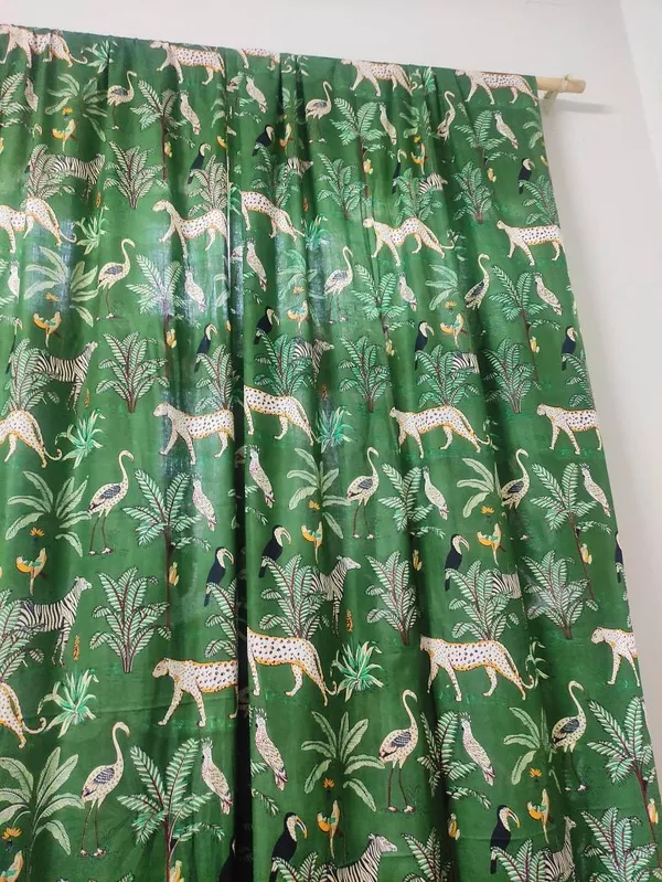 Tiger_Print_Cotton_Curtain_Set:_Green_Bohemian_Semi_Sheer_Drapes
